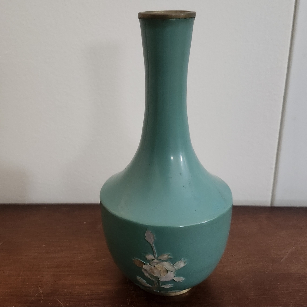 Elegant Teal Lacquer Brass Floral Vase